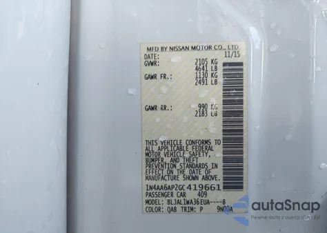 2016 Nissan Maxima 3.5 Sr из США, поврежденный, VIN 1N4AA6AP2GC419661